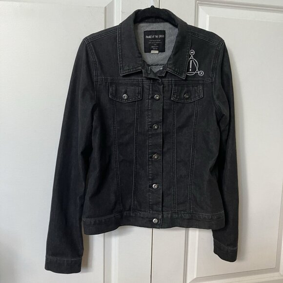 Panic! At The Disco Jean Jacket Womens M Black Stretch Denim Trucker Emo - Picture 6 of 8